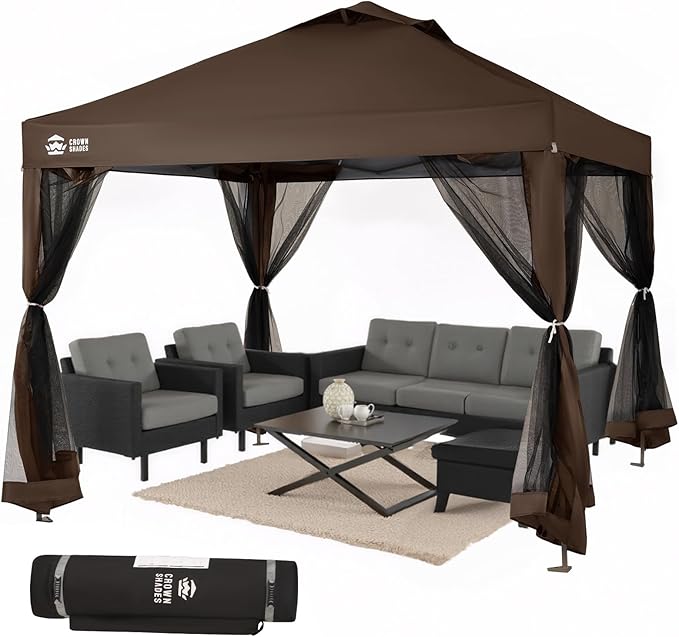 CROWN SHADES Gazebo 10x10, Pop Up Gazebo with Mosquito Netting, Screen Tent with 4 Ropes, 8 Stakes, 4 Sandbags and Wheeled Storage Bag, Canopy for Patio & Backyard, Coffee