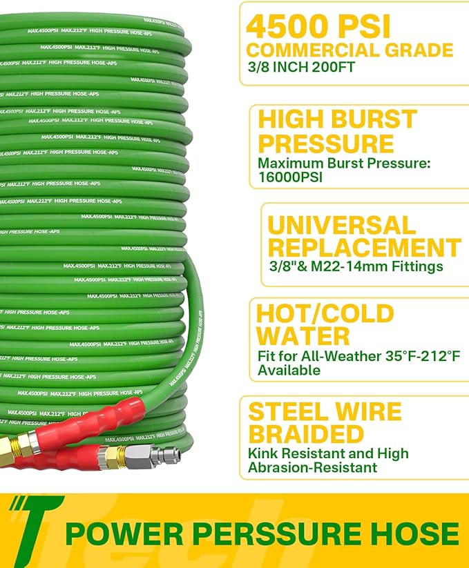 Pressure Washer Hose 200FT 3/8" for Cold and Hot Water 212°F, with Swivel Quick Connect, 4500PSI Kink Resistant Grade Steel Wire Braided, Power Washer Hose With 2pcs M22-14mm Adapter
