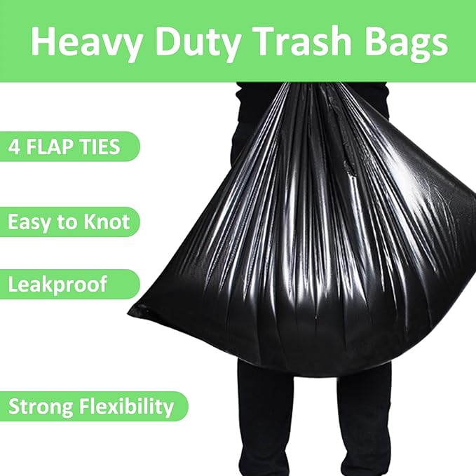 30-33 Gallon 1.1 Mil Heavy Duty Trash Bags 60 Count with 4 Innovative Flap Ties | Compatible with Rubbermaid Brute & Winco & Behrens 30-33 Gallon Round Trash Can | Tear & Leak Resistant Black