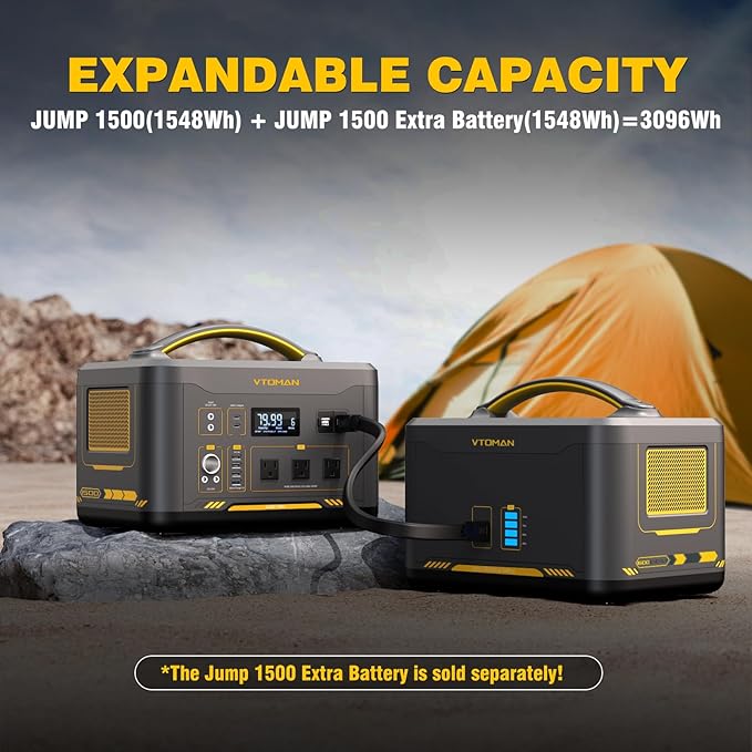 VTOMAN Jump 1500X Portable Power Station with Jumper Cables, 828Wh LiFePO4 Battery Solar Generator with Jump Start for Car, 1500W AC Outlets, 100W PD Type-C&Regulated DC for Home Backup RV Van Camping