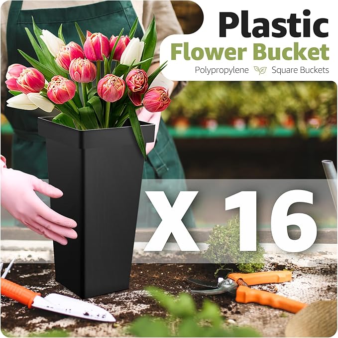 Flower Display Stand 4 Layers with 16 PCS Square Buckets, Plant Stand with Wheels, Movable Metal Plant Stand for Terrace Garden, Living Room, Florist Shop