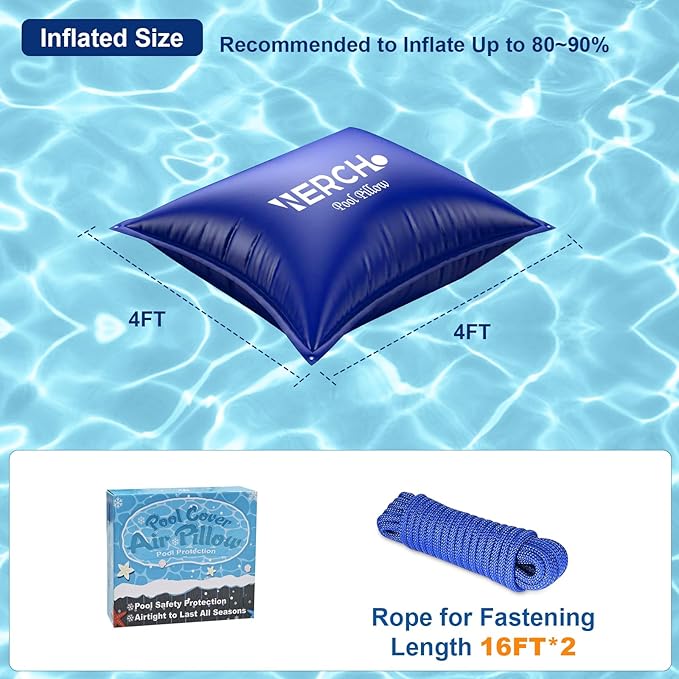 Pool Pillow for Above Ground Pool, 4 x 4 FT Pool Pillow for Winterizing Ultra Thick & Cold-Resistant 0.5mm PVC Material Pools Winterizing Kit（2x16FT Rope）