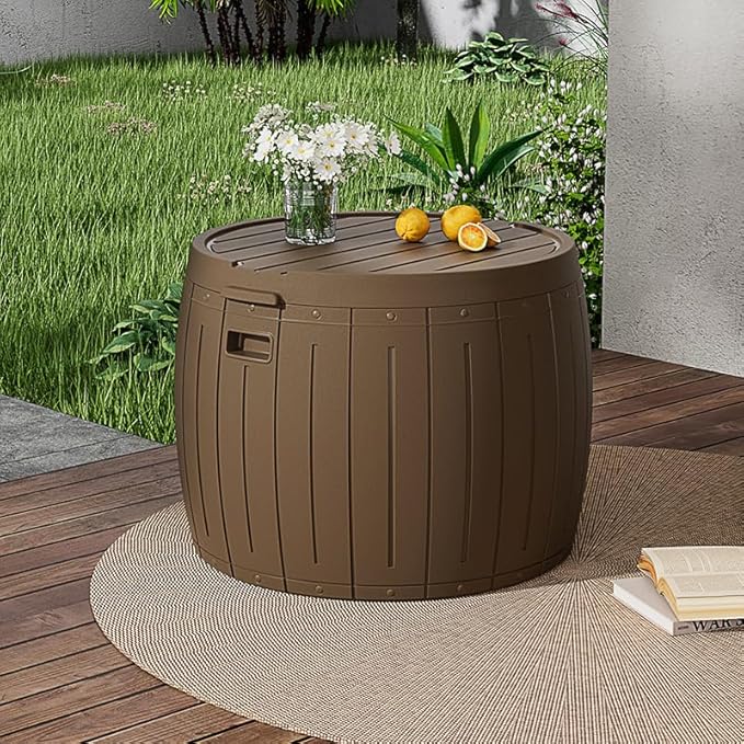 ZZM 33 Gallon Round Deck Box, Patio Side Table for Cushion, Picnic Bucket, Small Bench Seat, All-Weather & Portable, Brown