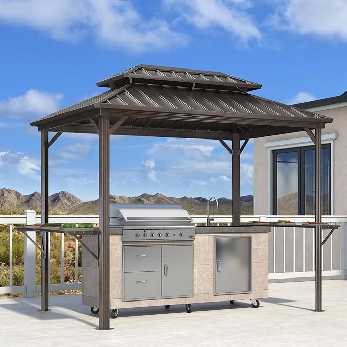 PURPLE LEAF 6' X 9' Hardtop Grill Gazebo for Patio Permanent Metal Roof with 2 Side Shelves Deck Yard Tent Aluminum Garden Outside Sun Shade Outdoor BBQ Canopy