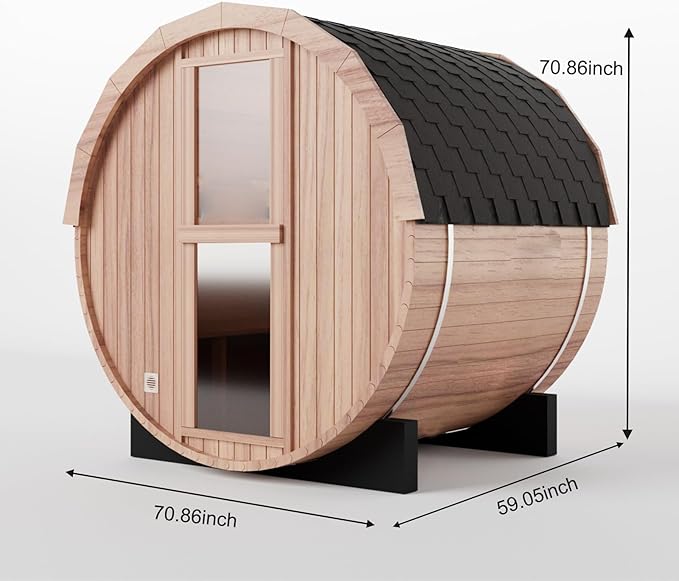 Outdoor Barrel Steam Sauna, 3 Person Wood Sauna Room with 4.5kw Harvia Electric Heater with Sauna Stone, Canadian Helmock Wooden Sauna, Sauna Accessories and Asphalt Shingle Roof (Helmock)