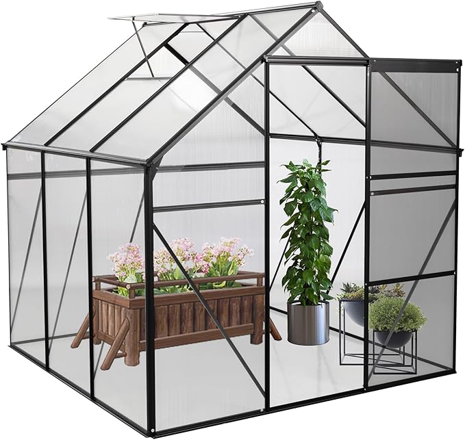 Favfurish 6X6 FT Polycarbonate Greenhouse, All Season Heavy Duty Walk-in Garden Plants Green House for Outdoor Backyard, Raised Base and Anchor Aluminum, Black