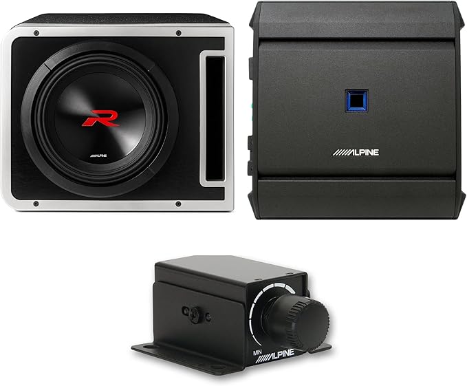 Alpine R2-SB10V-BNDL 10" Type-R Halo Loaded Enclosure with S-A60M 600 Watt Mono Amplifier and RUX-KNOB.2 Bass Knob
