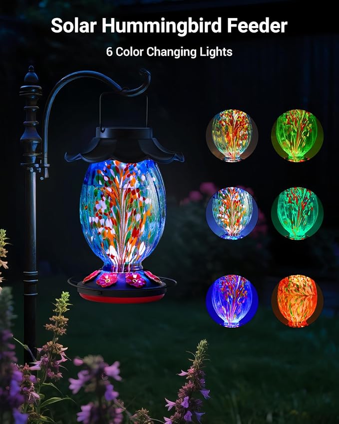 Solar Hummingbird Feeder - 49 fl.oz Hand Blown Glass Color Changing - 7 Feeding Ports with Perch - Never Leak - Perfect Hummingbird Feeder for Outdoors Hanging (Blue)