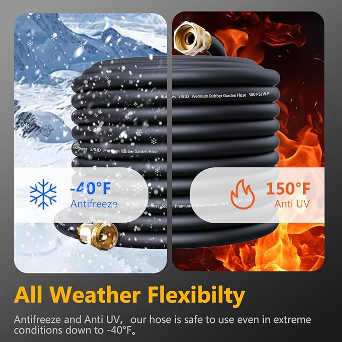 50FT 3/4 Heavy Duty Rubber Garden Hose - 200psi Working, 1000psi Burst - Hot/Cold Water - Five-Layered Braiding for Durability - Versatile for Gardening, Agriculture, Construction(Black)