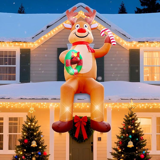 12FT Christmas inflatables, Christmas Inflatable Outdoor Decoration Sitting Reindeer with Built-in Led Lights, Christma Blow Ups Outdoor Roof Yard Lawn Xmas Decor