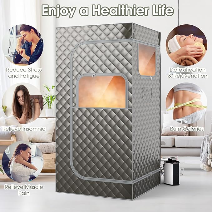 COSTWAY Portable Steam Sauna, Personal Home Sauna Tent w/ 3L Steam Generator, Foldable Chair, Remote Control, 9-Level Adjustable Temperature, Timer, Full-Size Indoor Steam Room for Home Spa (Grey)