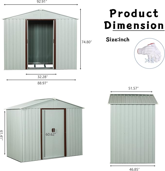8 x 4 FT Outdoor Storage Shed, Metal Garden Shed with Floor Frame, Tool Shed Outdoor Storage with Lockable Sliding Doors & Air Vents, Storage House Waterproof for Backyard, Lawn, White