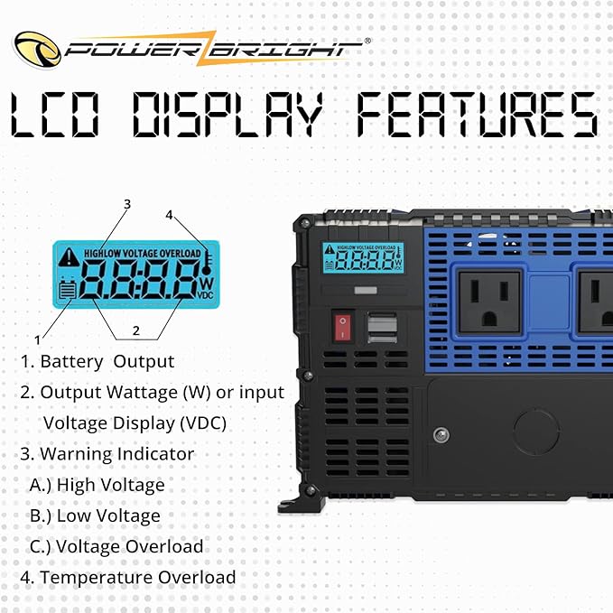 PowerBright 3000 Watts Power Inverter 12V DC to 120V AC Converter for RV, Truck, Off-Grid Inverter, Easy to Install Car Inverter, Dual 110V AC Outlets - Installation Kit Included - ETL Approved