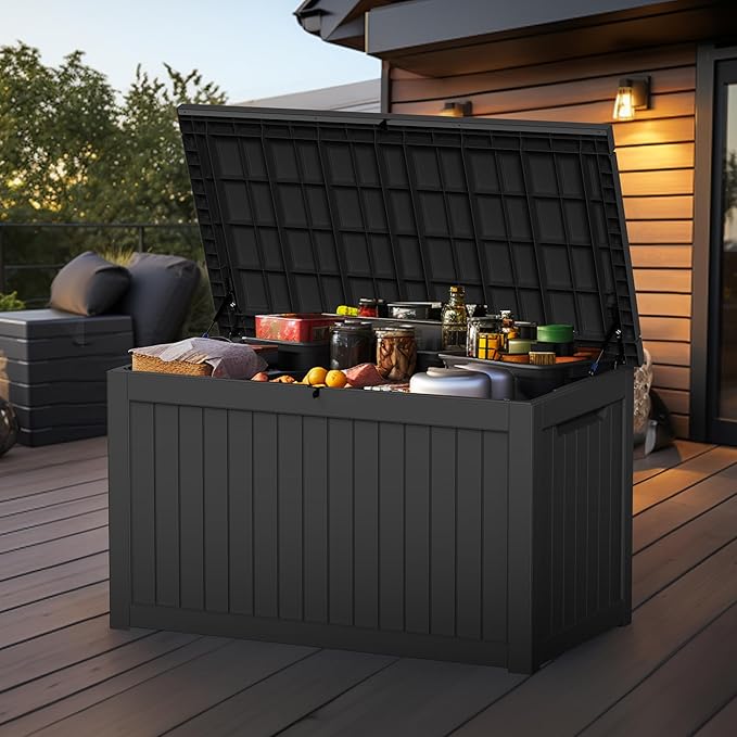 ROJIK Outdoor Storage Housing Deck Box,Waterproof Patio Furniture, Garden Tools,Cushions,Pool Accessories Storage Bench with Lockable Lid and Side Handles (Black,280 Gal)