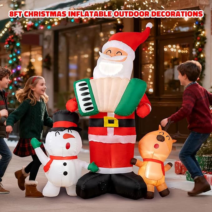 8ft Christmas Inflatable Outdoor Decorations, Blow up Yard Decor with Santa Claus Plays The Accordion and Sings with The Snowman and The Elk, Bright LED Lights Christmas Outdoor Decorations