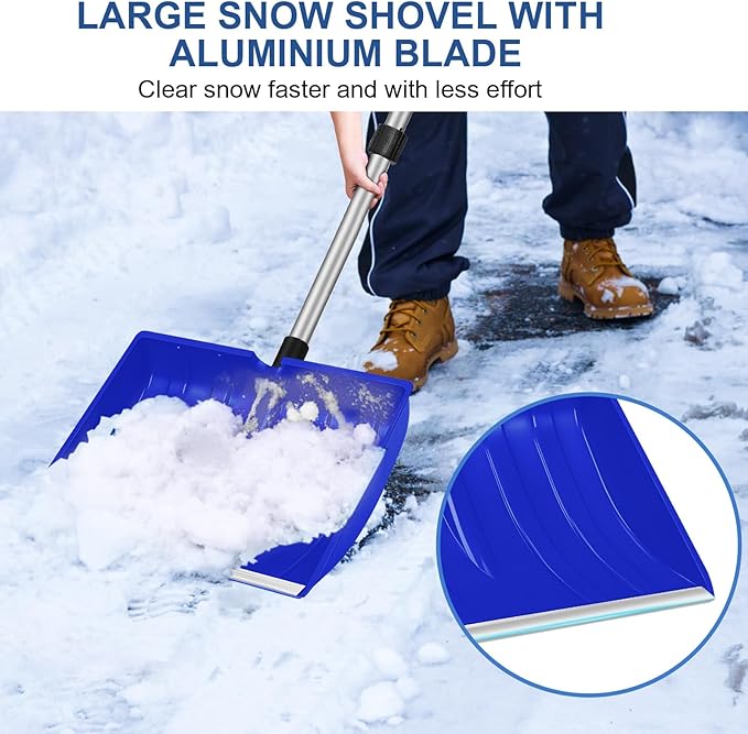 Ergonomic Large Snow Shovel for Driveway: 48-Inch Dual-Lock Knob Anti-Wobble Handle, 16" Plastic Blade w/Metal Edge, Ultra-Light 1.9 lb, Portable Aluminum Shaft, Car, Camping & Emergency, Blue