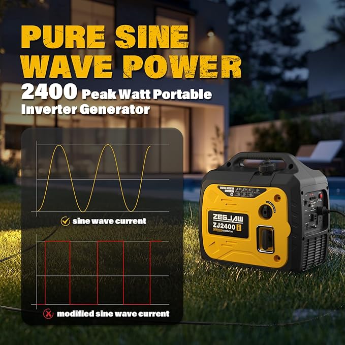 Quiet and Lightweight 2400W Portable Inverter Generator for Home Use, Small Generator for Camping Outdoor Emergency Power Backup, Gas Powered Engine, CO-Sensor, EPA, ECO Mode