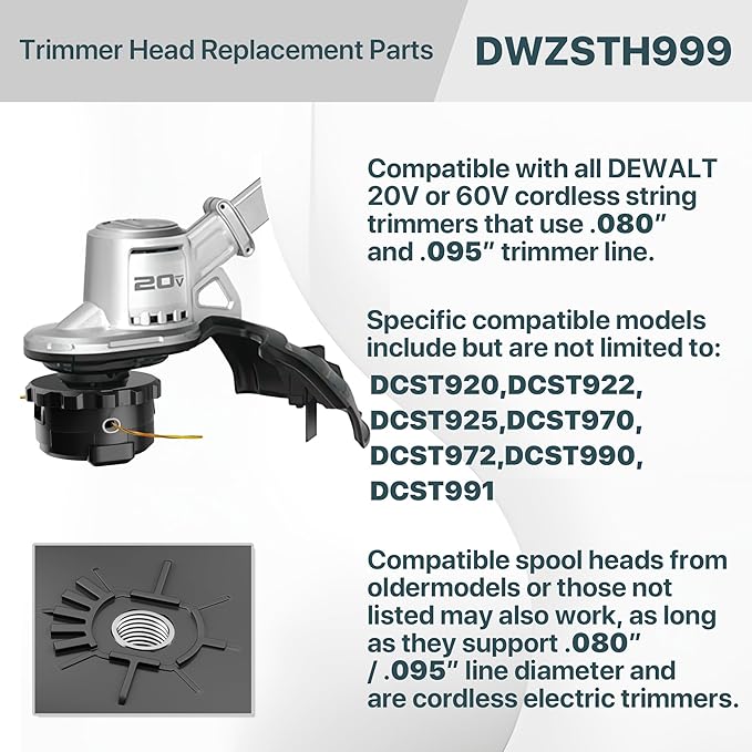 DWO1DT995 Weed Trimmer Head Replacement Part for Dewalt Cordless String Trimmers DCST920, DCST922, DCST925, DCST970, DCST972, DCST990, DCST991, Pre-Wound with 0.080" Trimmer Line (236" Total Length)