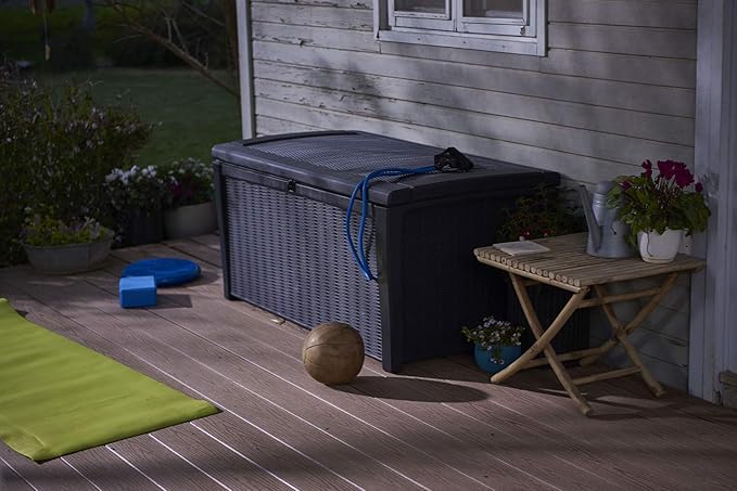 Keter Borneo 110 Gallon Storage Box, All-Weather Wicker Rattan-Style Resin Deck Box and Stylish Outdoor Bench with Piston-Assisted Lockable Lid, Grey