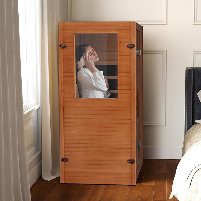 1 Person Infrared Sauna, Home Sauna Hemlock Wooden Indoor Dry Saunas Room, Low EMF 950W/110V Heaters Panels, Bluetooth Speakers, Reading Lamp