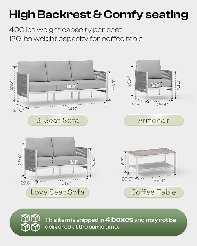 Aluminum Outdoor Patio Furniture Set, HDPE Rope 5 Piece Modern Sectional Conversation Sets with Dual-Layer Coffee Table, All Weather Patio Couch Sofa with Thick Cushions, Silver Frame, Silver
