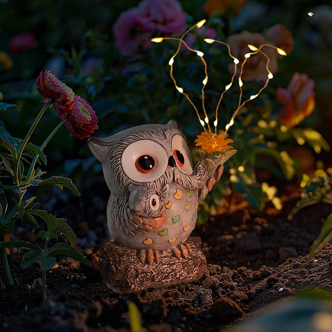 Solar Garden Statues Outdoor Decor, Fairy Owl Statue Garden Decor, Resin Yard Decorations Outdoor for Patio, Porch, Balcony, Lawn Ornaments, House Warming Birthday Gifts for Mom Women Grandma