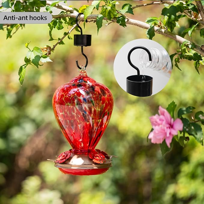 2 Packs Hummingbird Feeder for Outdoors Hanging, 34OZ & 32OZ Hand Blown Glass Hummingbird Feeders for Outside, Red & Teal