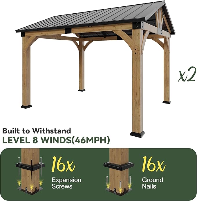 10x24 ft Cedar Wood Gazebo, Hardtop Gazebo with Galvanized Steel Peak Roof, Outdoor Pavilion for Snow Support, Wind Resistance, PowerPort, Shade for Garden, Patio, Deck