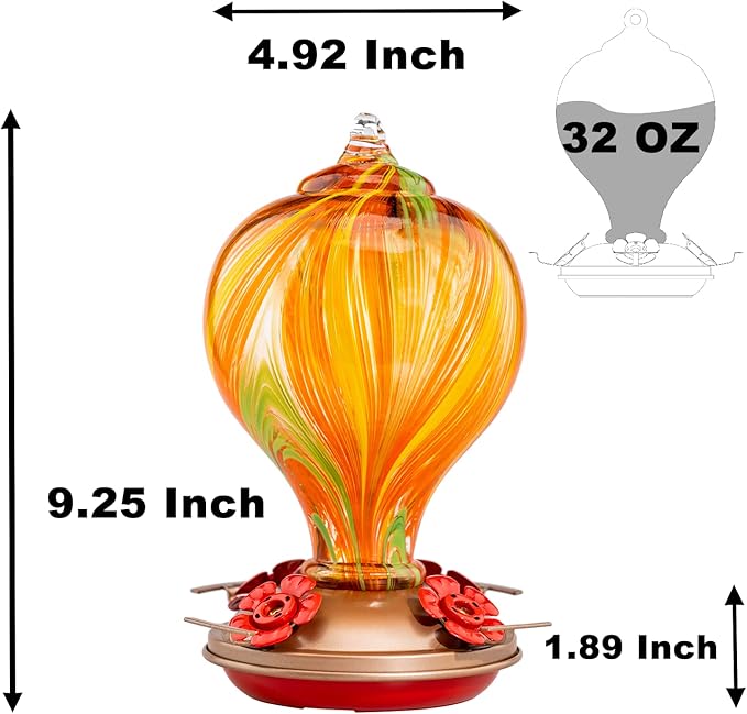 Muse Garden Hummingbird Feeders for Outdoors Hanging, Blown Glass Hummingbird Feeder, Unique Hummingbird Gifts for Women, Garden Backyard Decor, 32OZ, Orange Stripes