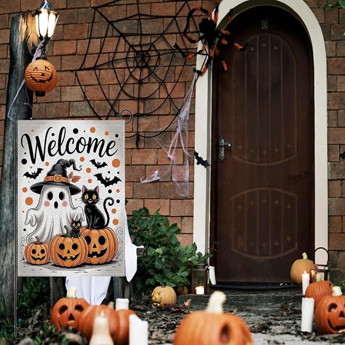 HTBIG Halloween Welcome Garden Flag, Halloween Ghost Pumpkin Black Cat Decor Flag, Yard Flags for Outside 12x18 inch, Outside Yard for Home Decorations