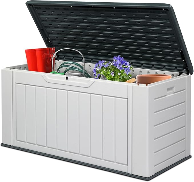 VINGLI Upgraded 158 Gallon Outdoor Storage Box, Lockable Resin Storage Containers with Lid, Wood-grain Finish Deck Box Patio Furniture for Garden, Pool, Balcony, Yard