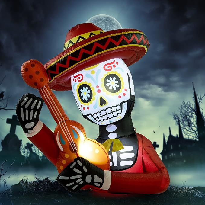 WBHome 4 Ft Halloween Inflatable Outdoor Skull Guitar Decorations, Day of The Dead Blow Up Yard Decor with Built-in LED Light (Plug in) for Lawn Home Dia de Los Muertos Party Indoor Outdoor