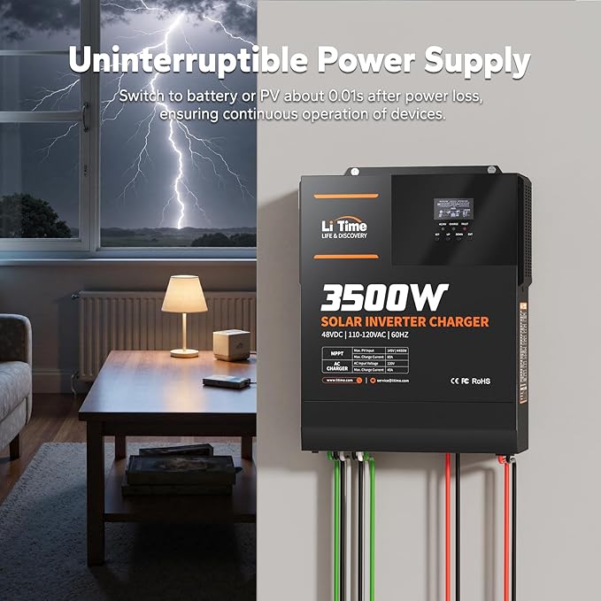 LiTime 3500W All-in-One Solar Inverter Charger, 48V DC to 120V AC Pure Sine Wave Inverter, Built in 80A MPPT Charge Controller, for 48V Lead Acid/LiFePO4 Battery, Home Energy Storage, Off-Grid