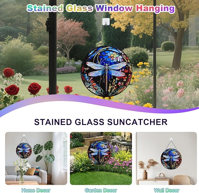 Stained Glass Window Hanging - Dragonfly Stained Glass Suncatcher, Sun Catchers for Indoor Window Decor, Gift for Women,Mom,Friends (12 Inch)