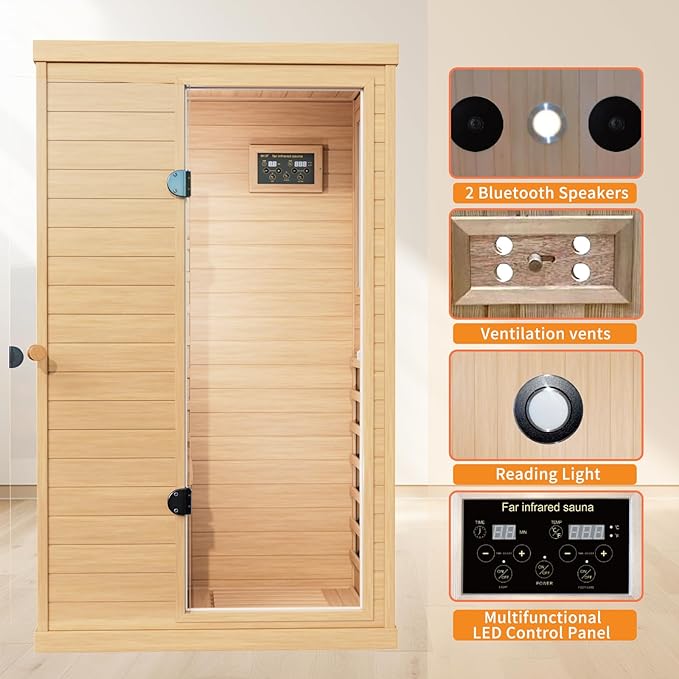 Infrared Wooden Sauna 1 Person Infrared Saunas for Home Dry Sauna for Home,Low Emf Infrared Sauna 1050W Indoor Saunas,Traditional Sauna,Bluetooth Speakers, Reading Lamps,Room:63 * 28.74 * 36.61Inch