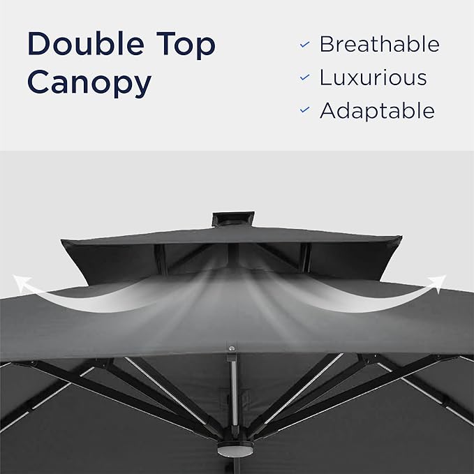 10x10 FT Cantilever Patio Umbrella with Led Lights Double Top Outdoor Square Heavy Duty Offset Umbrellas 360°Rotation Free-motion Track Tilt Windproof for Pool Deck Garden, Grey