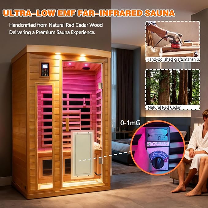 2 Person Infrared Sauna for Home, Red Cedar Ultra Low EMF (0-1mG) Far Infrared Sauna, 1750W Indoor Wooden Saunas Room with Bluetooth Speakers, Chromotherapy Lights & Door Heated Panels