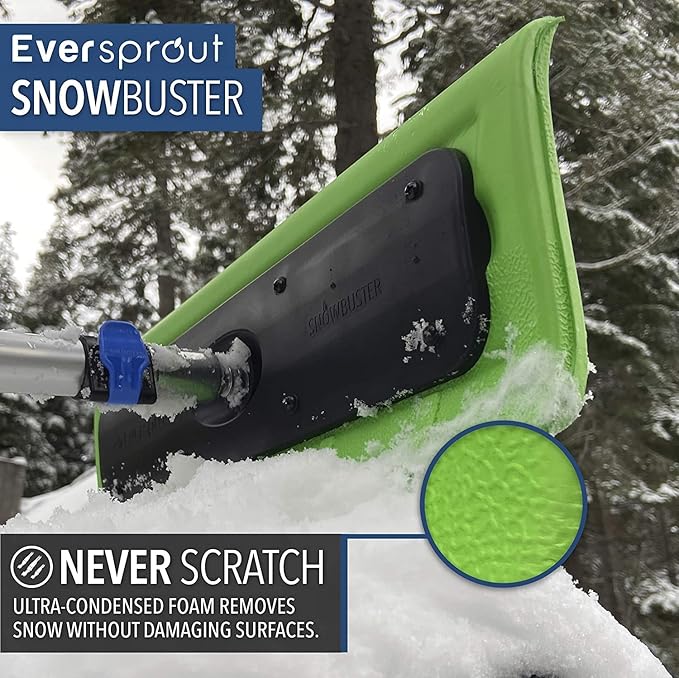 EVERSPROUT Never-Scratch SnowBuster and Ice Scraper 5-to-12 Foot (Up to 18 ft Standing Reach) | Pre-Assembled Extendable Roof Rake for Snow Removal | Lightweight Aluminum, Soft Foam Pad