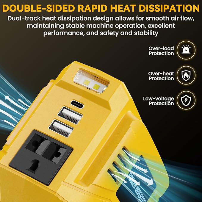 200W Power Inverter for Dewalt 20V, DC 20V to AC 110V Inverter, Portable Power Station with 2 USB Ports & 1 AC Outlet & 1 Type-C Fast Charging, Battery Adapter with LED, Battery Not Included