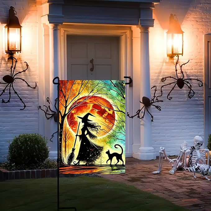 Halloween Garden Flag 12 X 18 Flag Witch And Black Cat Garden Flag Witch And Cat Design Moonlight Silhouette And Colorful Night Sky For Outdoor Yard And Patio Lawn Decoration Banner