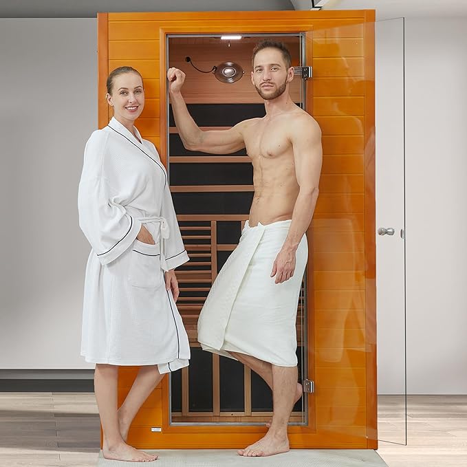 Infrared Sauna Room for Home, Near Zero EMF Wooden 2 Person Indoor Infrared Sauna at Home with Bluetooth, LCD Control Panel, Chromo Therapy Light