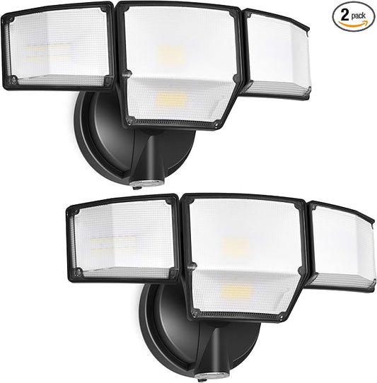 LUTEC 80W Dusk to Dawn Flood Lights Outdoor, 9000LM Super Bright LED Security Light with Photocell, IP65 Waterproof, 5000K Daylight, Hardwired 4 Heads Floodlight for Garage, Yard -2 Pack (Black)