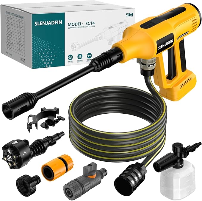 Cordless Pressure Washer for Dewalt 20V Battery 700 PSI Portable Handheld Power Washer with 6-in-1 Nozzle Foam Cannon for Car Floor Fence Wall Cleaning (Battery Not Included)