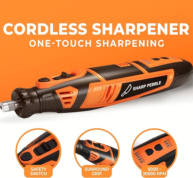 Sharp Pebble Electric Cordless Chainsaw Sharpener Kit - Comes with Chain Saw Sharpener Tool, 4 File Size Sharpening Wheels, Angle Attachment, Wrench & eBook