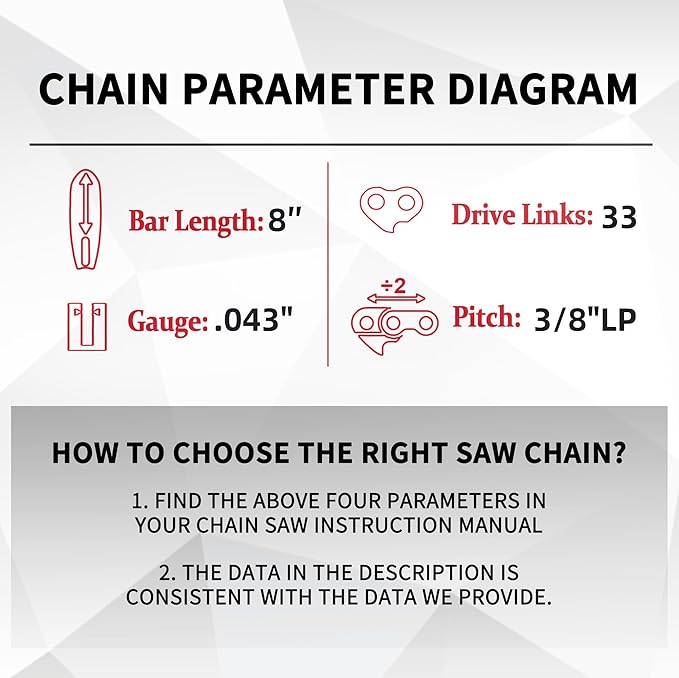 E & S 3 Pack 8 Inch Chainsaw Chain 3/8" LP Pitch .043" Gauge 33 Drive Links Semi-Chisel Chain Saw Chains for Husqvarna, Poulan, Craftsman, Greenworks and More Chainsaw Brands