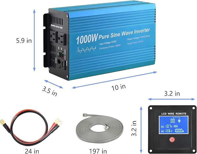 Pure Sine Wave Power Inverter 1000W DC12V to AC 110V with Dual sockets and USB, LCD Remote kit. (1000W)