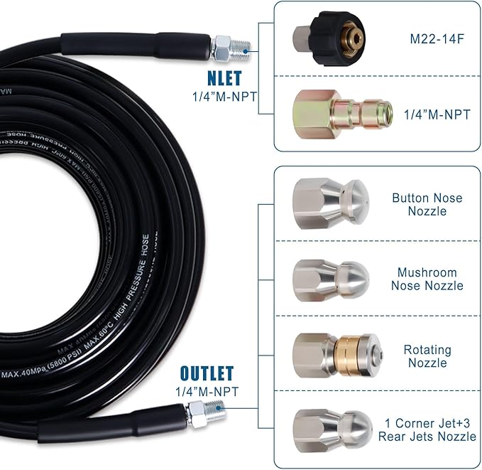 100FT Sewer Jetter Kit for Pressure Washer, 5800PSI Water Jet Durable Drain Cleaner Hose 1/4 Inch NPT Corner with 4 Specialized Nozzles，Waterproof Tape, Pearl Corsage Pin, Handle Strap & 2 Spanners
