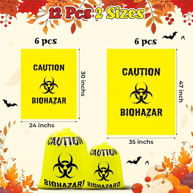 12 Pcs Large Halloween Leaf Bags Biohazard Halloween Decorations Halloween Trash Bags for Leaves Plastic Yard Lawn Waste Bag Scientist Biohazard Bag Outdoor Biohazard Zombie Party Decorations (Yellow)