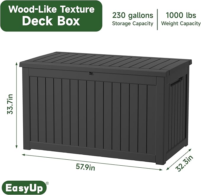 EasyUp 230 Gallon Outdoor Storage Box Waterproof, UV Resistant Resin Deck Box with Hydraulic Rod, Reinforced Stability for Patio, Garden,Striped Black
