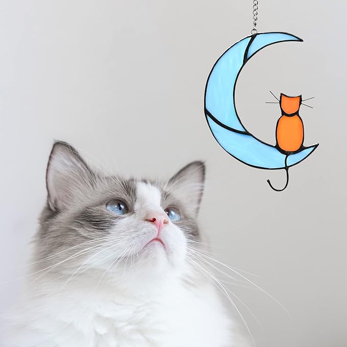 Cat Decor Stained Glass Moon Decor Window Hanging Ornament Garden Suncatcher Gifts for Cat Lover for Women Memorial Gifts Cat Gift (Orange Cat on Blue Moon)